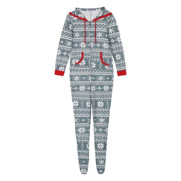 Kids Christmas Pajama Zipper Long Sleeve Set with Pockets Grey - Picture 2 of 4